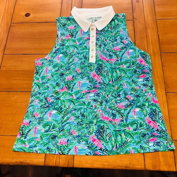 Lilly Pulitzer Luxletic Sleeveless Golf Polo Top Blue Green Tropical Print XL - Picture 2 of 10